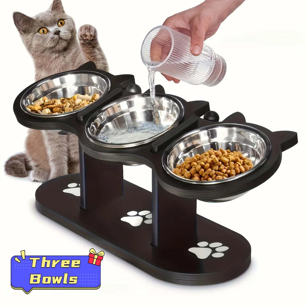 Elevated Cat Bowls Raised Cat Food Bowls 15° Tilted Pet Bowl With 3 Stainless Steel Bowls Wood Bracket For Cats Puppy Small Dogs