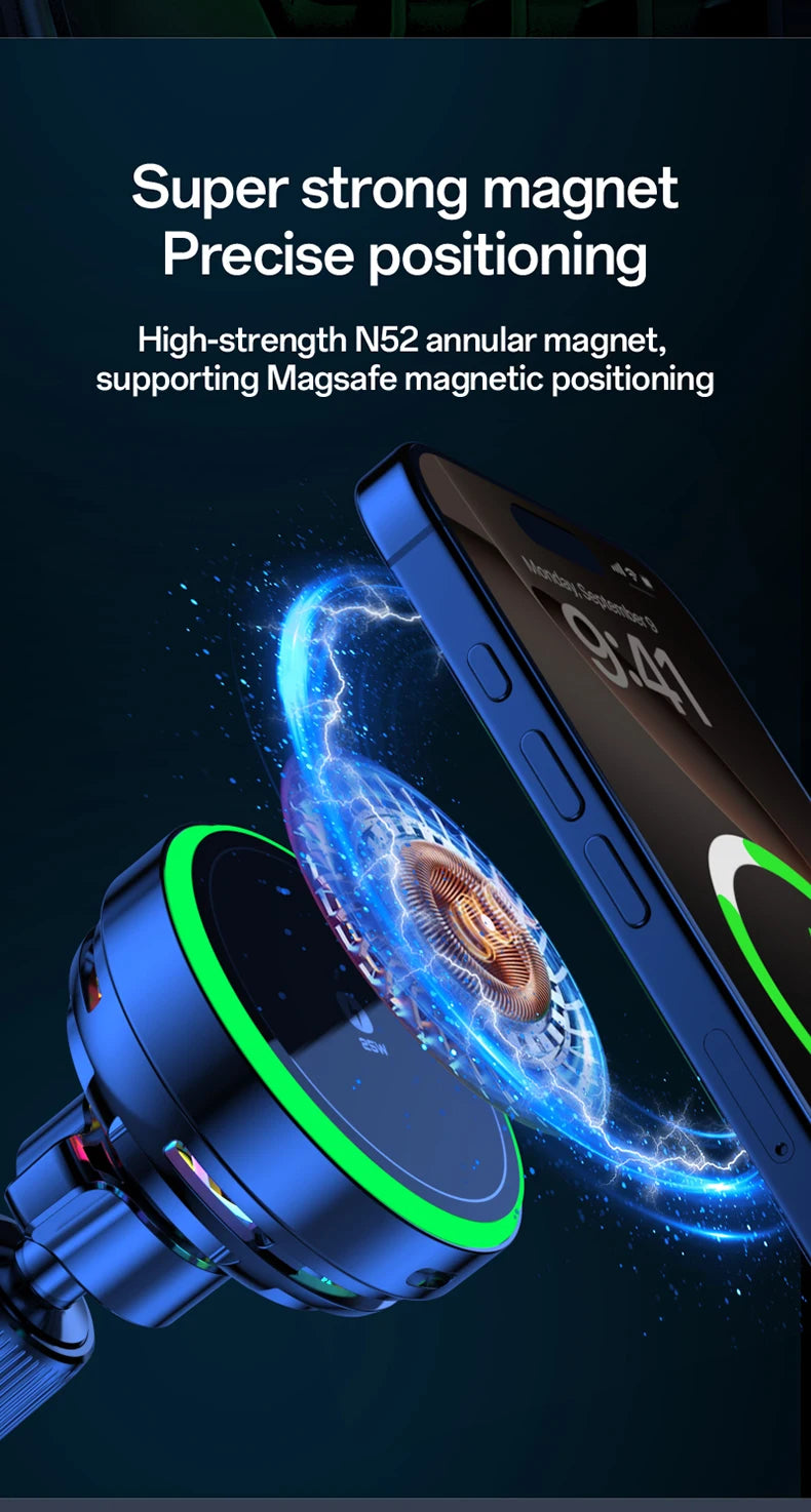 25W Air-Cooling Car Wireless Charger LED Light Phone Stand Magnetic Fast Charging Station For Magsafe iPhone 17~12 Pro Max