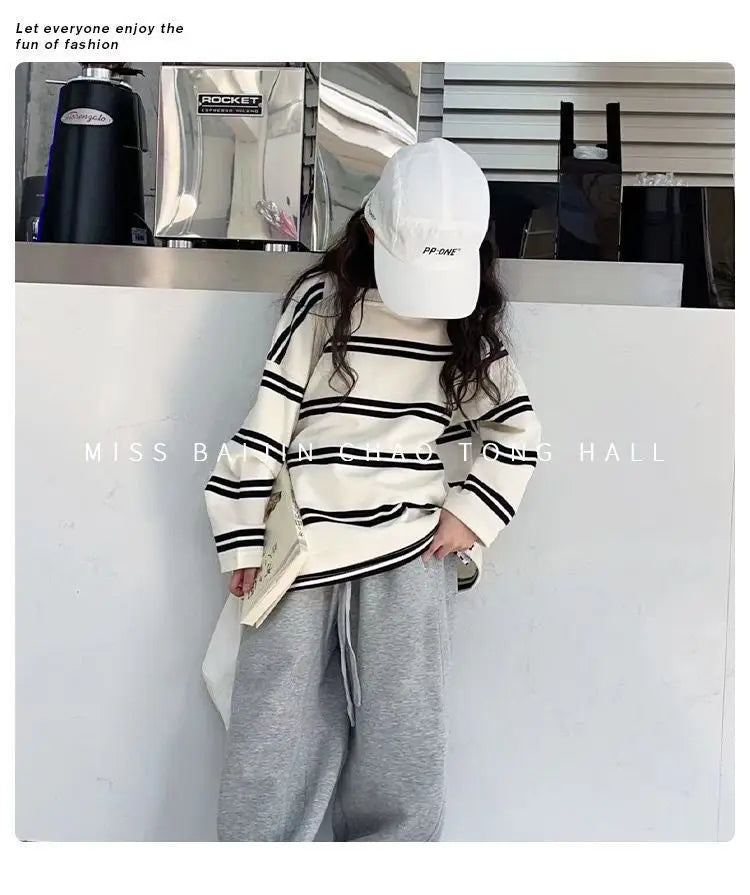 Spring Autumn Girls Cotton Contrast Striped Workout Sweatshirt+Sweatpant Sets School Kids Tracksuit Child Jogging Outfit 5-16Yrs