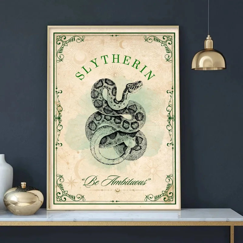 Vintage Wizard School Houses Poster H-Hogwarts Inspiring Quotes Magic World Canvas Painting Wall Art for Living Room Home Decor