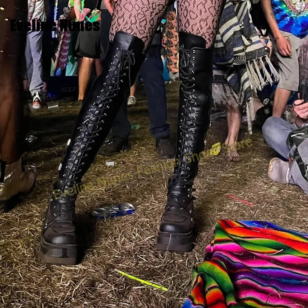 Y2K Alt Punk Over Knee Platform Boots Multi Metal Buckle Lace up