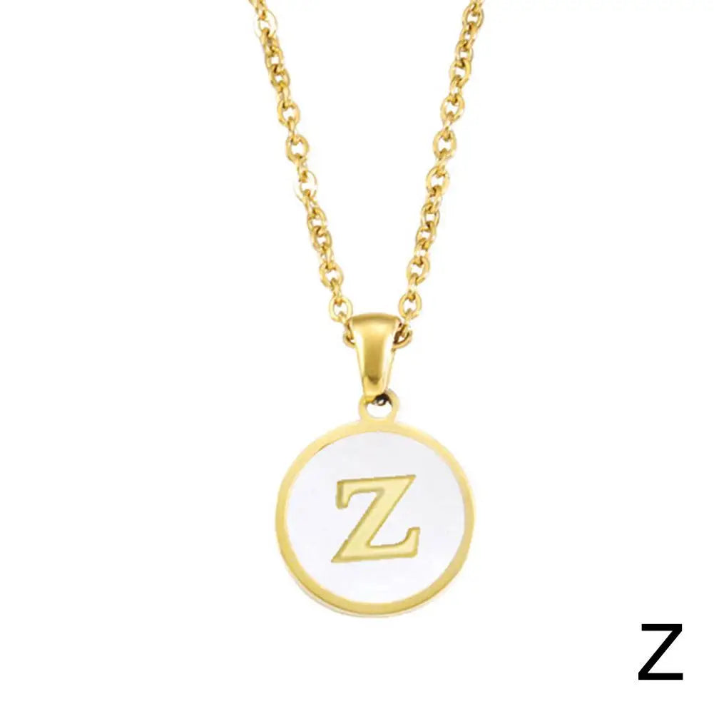 Vintage Initial 26 Letters A To Z White Shell Pendant Necklace Gold Color Steel For Women Men Choker Jewelry Necklace
