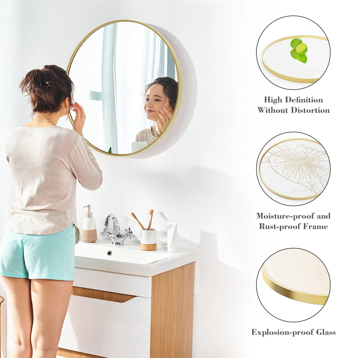 JHK Large Gold Round Vanity Framed Mirror for Wall Matte Metal