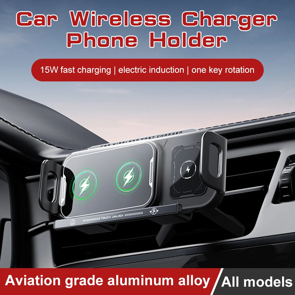 Dual Coil Foldable Phone Holder 2 in 1 Car Wireless Charger Phone Holder 15W Fast Charger Universal One Key Rotating Phone Stand