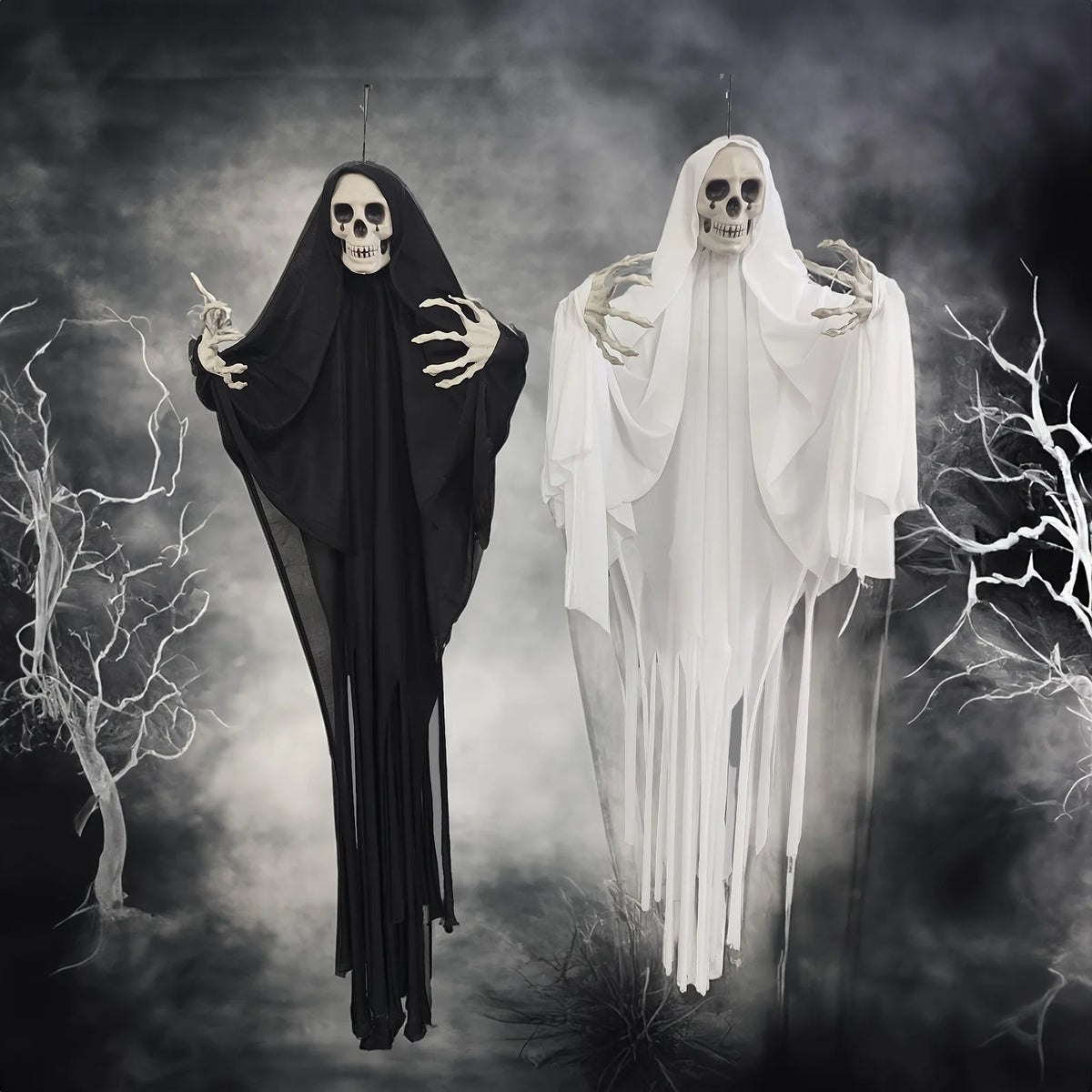 Classic Horror Ghost Doll Hanging Decorations for Halloween - Large Plastic and Fabric Spooky Skeleton Phantom Outdoor Pendants