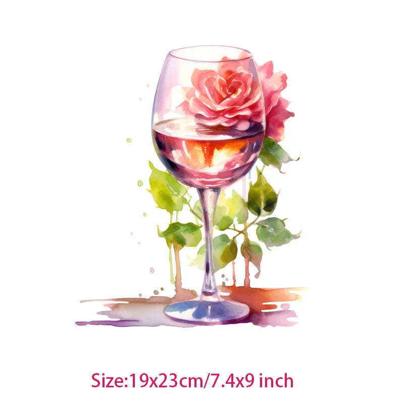 Interesting watercolor wine Glass flower Heat Transfer On Children's clothing dtf transfers ready to press iron on heat transfer