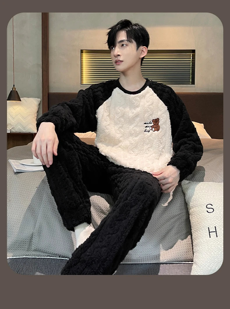 Men's Winter Jacquard Weave Flannel Pajamas Set Coral Fleece Cartoon Sleepwear Homewear Thick Warm Male Suit Fall Sweatshirt 5XL