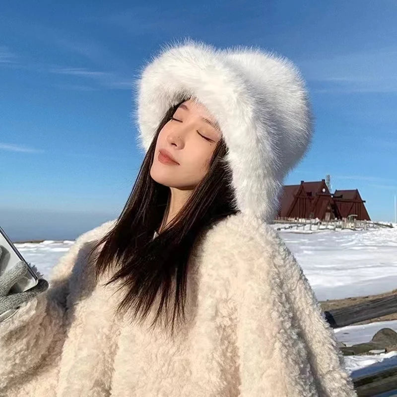 Y2K Fluffy Faux Fur Bucket Hat Women Rabbit Fur Warm Thick Plush
