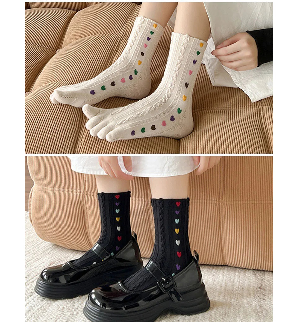 Cute Short Toe Socks Women Girl Cotton Striped Cat Love Fashion Sweat-Absorbing Anti-Bacterial Breathable Warm Five Finger Socks