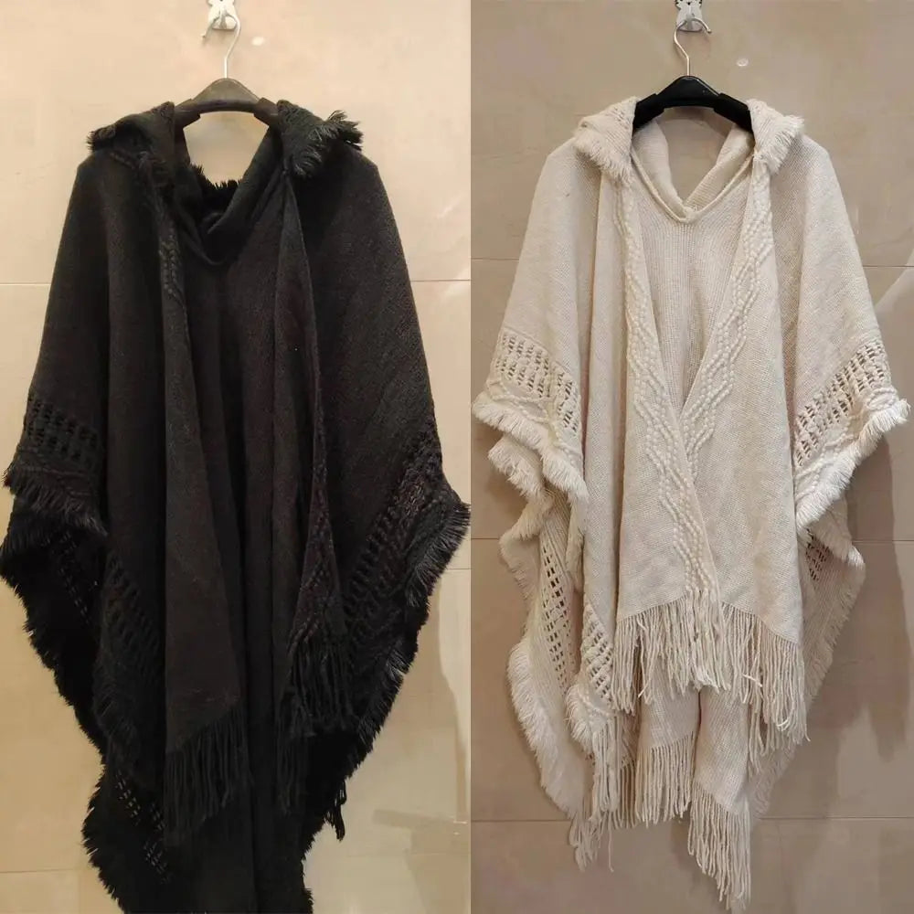 Luxury Elegant Cloak Hooded Knitted Shawl Bohemian Winter Warm Ladies Tassel Cape Oblique Stripe Wraps Scarf Coat