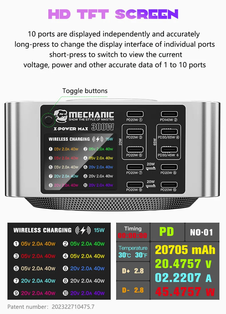 Mechanic X-POWER Max 10 Ports Desktop Charger QC3.0 PD3.1 Quick Charge For iPhone 15 14 13 Xiaomi Laptop Wireless Charger Tool