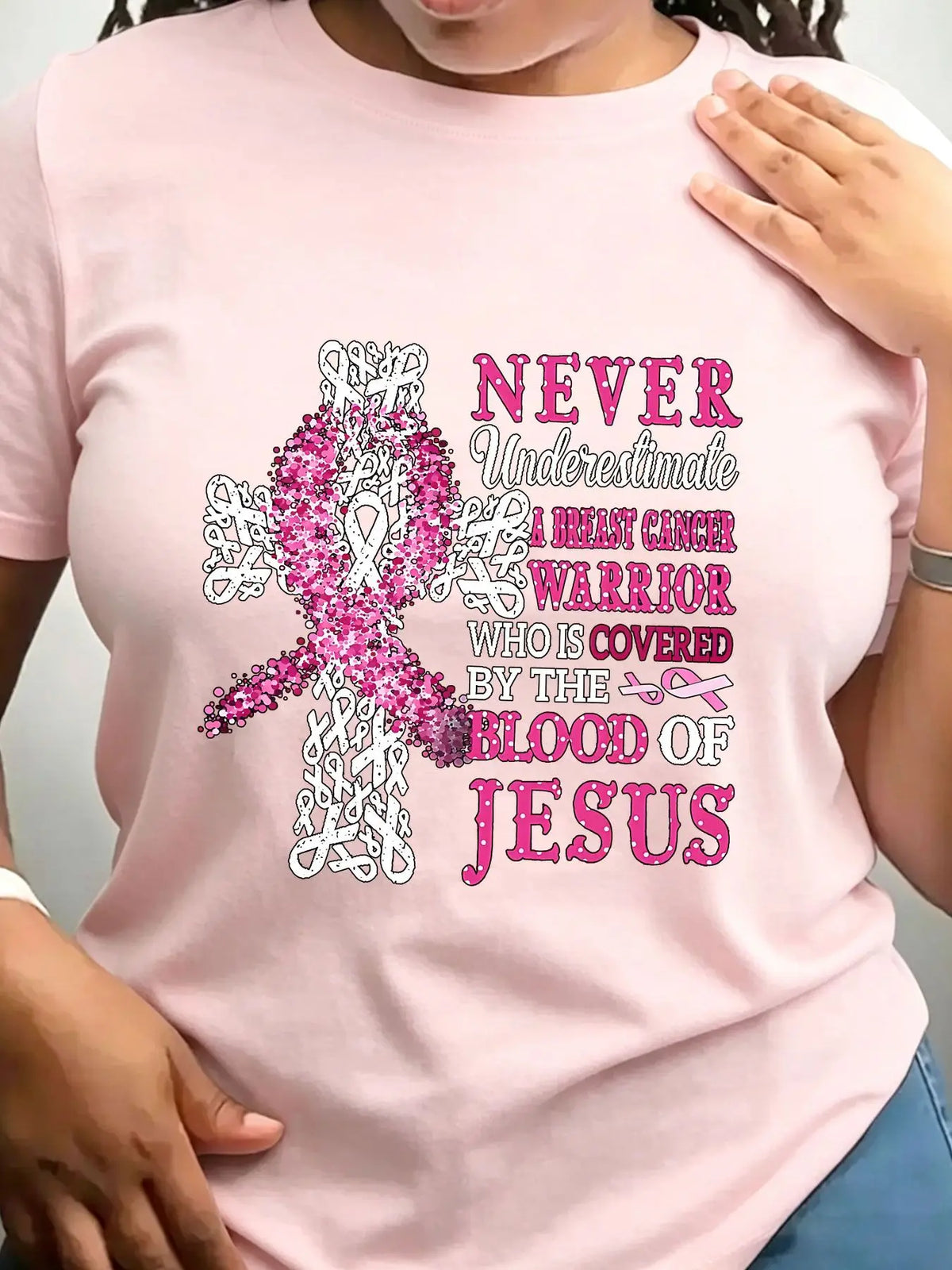 Women's Trendy Crew Neck T-Shirt Pink Ribbon Breast Cancer