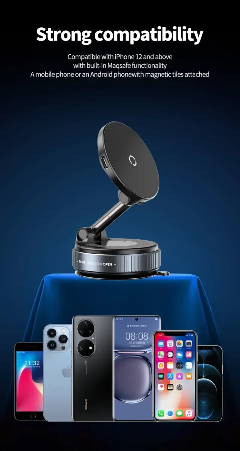 Car Magnetic Wireless Charger Phone Holder & 360° Rotation Vacuum Suction Cup Stand For iPhone 16 15 14 13 12 Fast Charging Dock