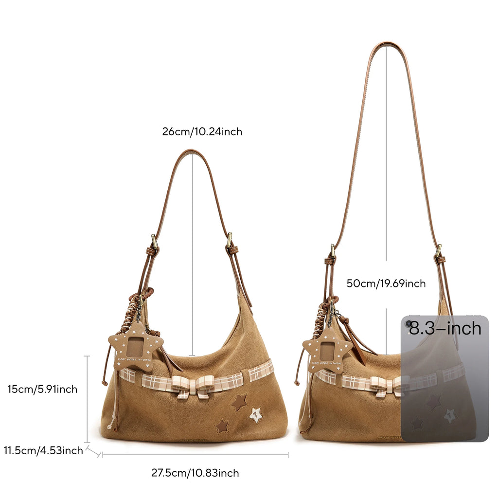TOUTOU Y2K Bag Brown Plaid Bow Decoration + Cutout Star Pattern