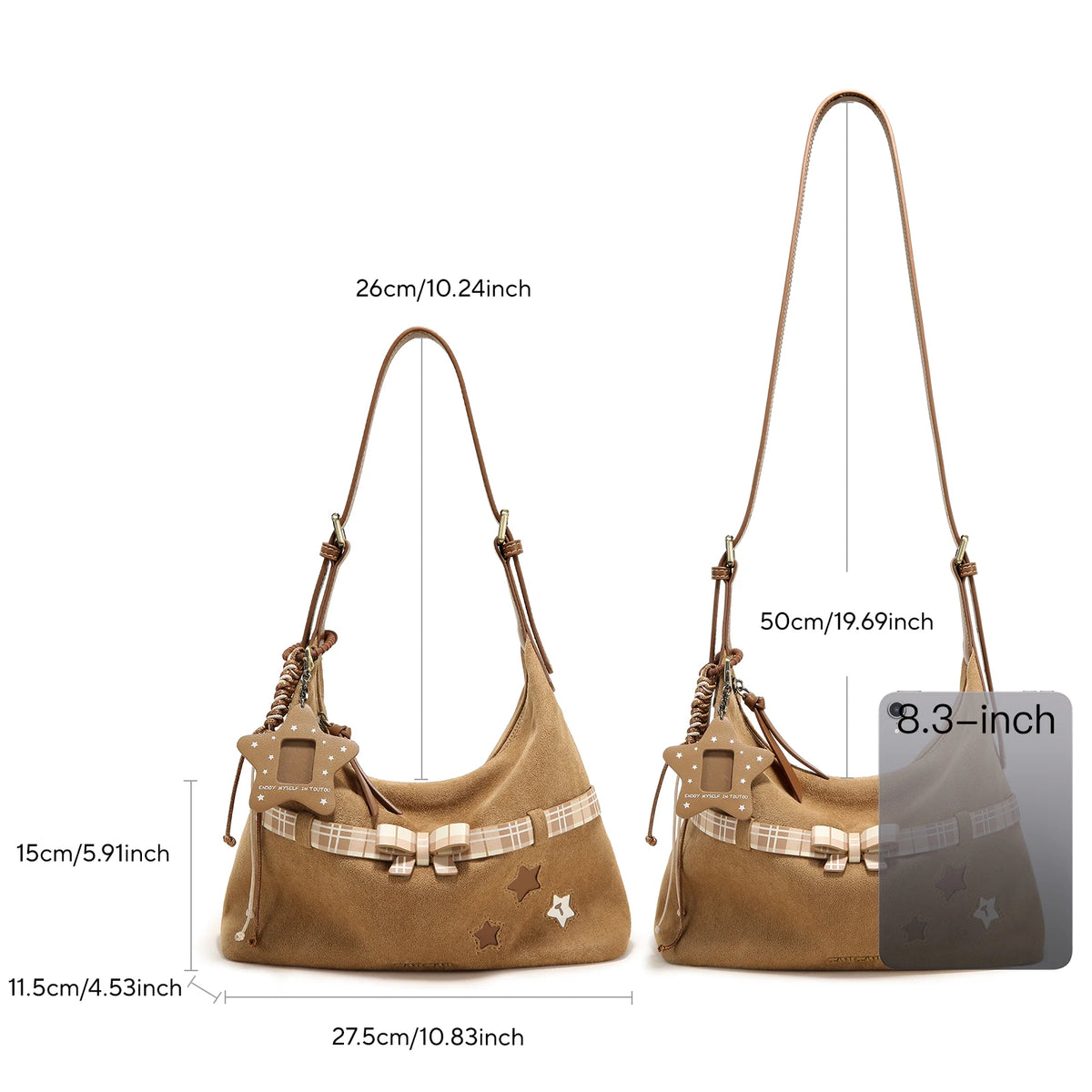 TOUTOU Y2K Bag Brown Plaid Bow Decoration + Cutout Star Pattern