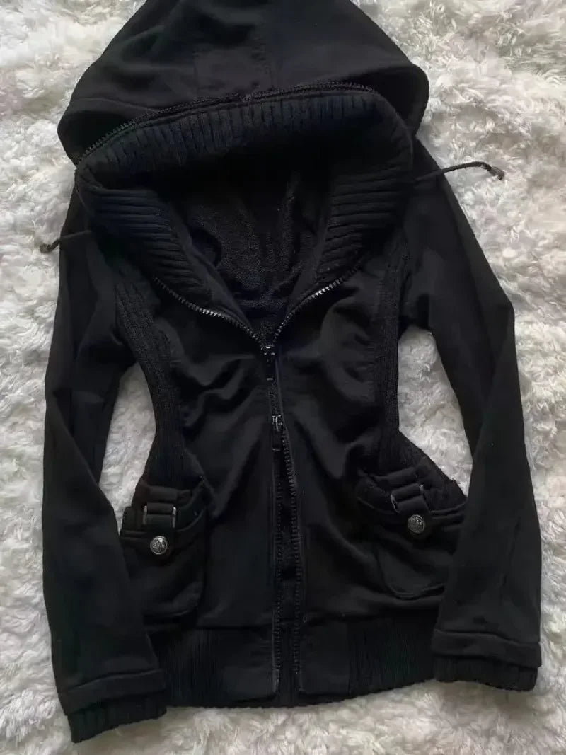 New Gothic Pattern Sweatshirt Hoodie Versatile Fashion Cardigan Casual Hoodie Women Solid Color Pleated Slim Top Winter Retro