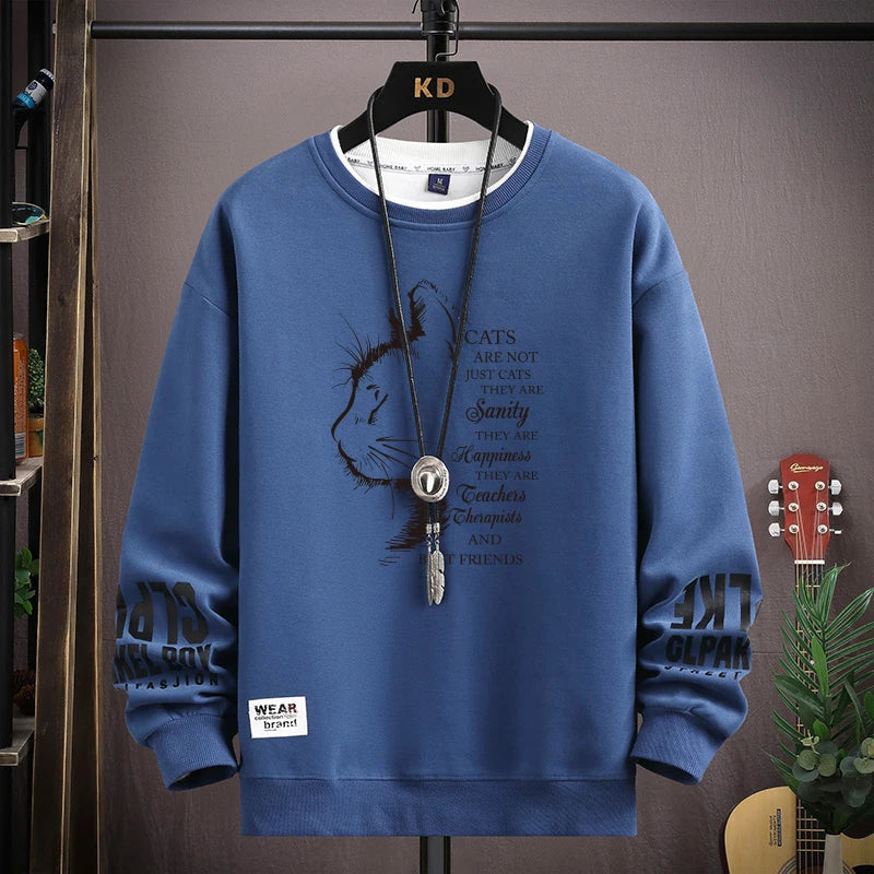 Autumn Men's Sweatshirt Sketch Cat Print Long Sleeve T-shirt Fashion Men's Clothing Black O Neck Harajuku Exclusive Design Top