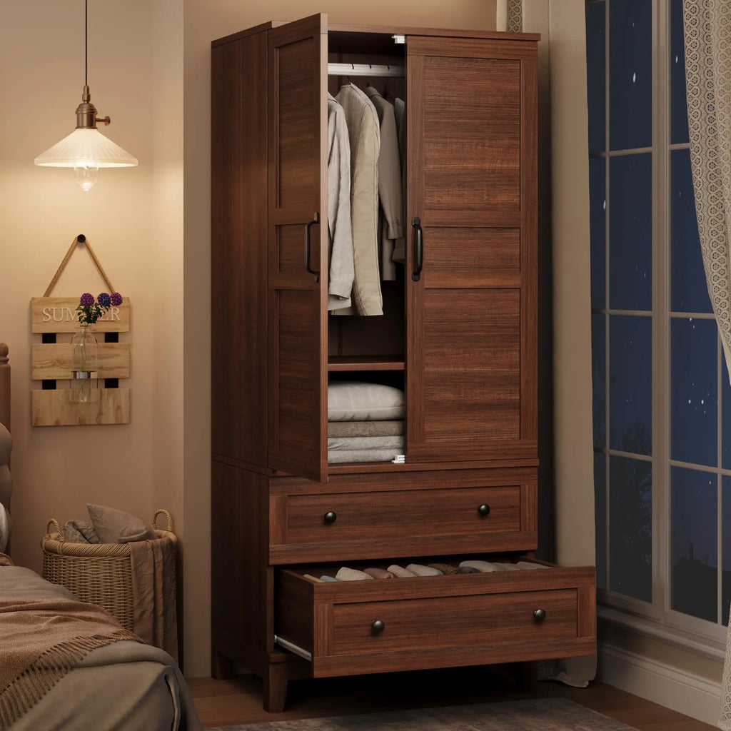 72" Tall Wooden Wardrobe Closet with 2 Drawers Adjustable
