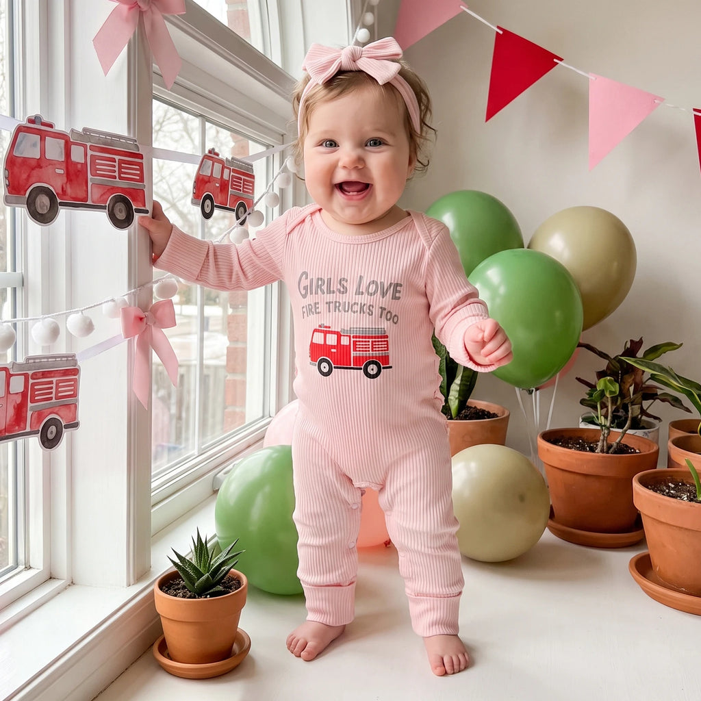 Baby Girl Fall Romper Letter Fire Fighting Truck Print