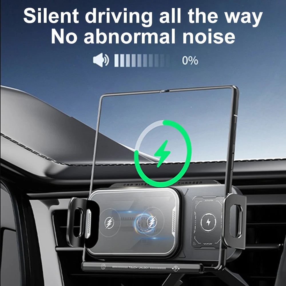 Dual Coil Foldable Phone Holder 2 in 1 Car Wireless Charger Phone Holder 15W Fast Charger Universal One Key Rotating Phone Stand