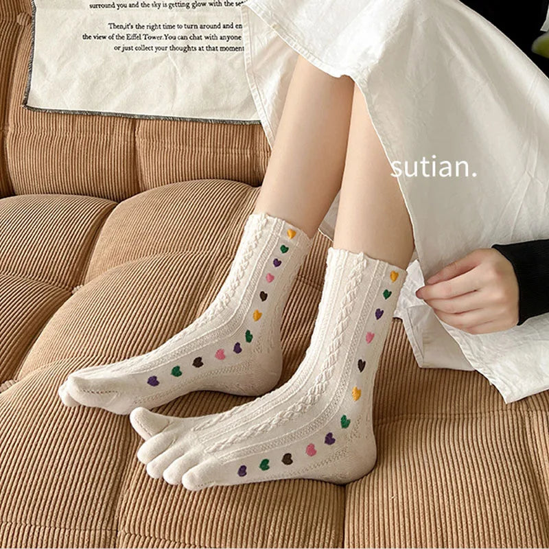 Cute Short Toe Socks Women Girl Cotton Striped Cat Love Fashion Sweat-Absorbing Anti-Bacterial Breathable Warm Five Finger Socks