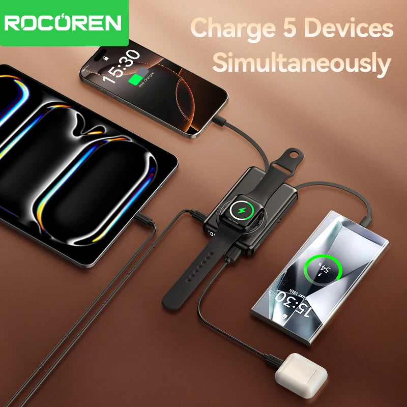 Rocoren PD 22.5W Fast Charging Power Bank 10000mAh Magnetic Wireless Charger for iPhone 16 15 14 Powerbank Built Charging Cables
