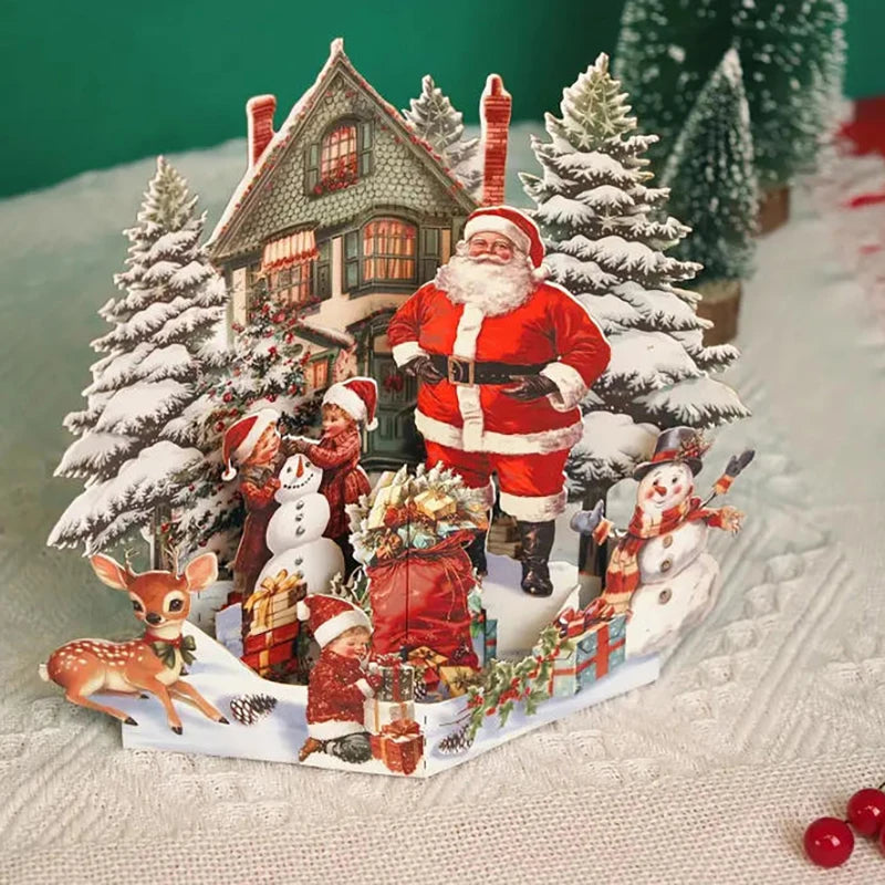3D Christmas Card Night Before Christmas Scene With Santa, Reindeer, Snowy Village & Moonlit Sky Festive Holiday Greeting Card F