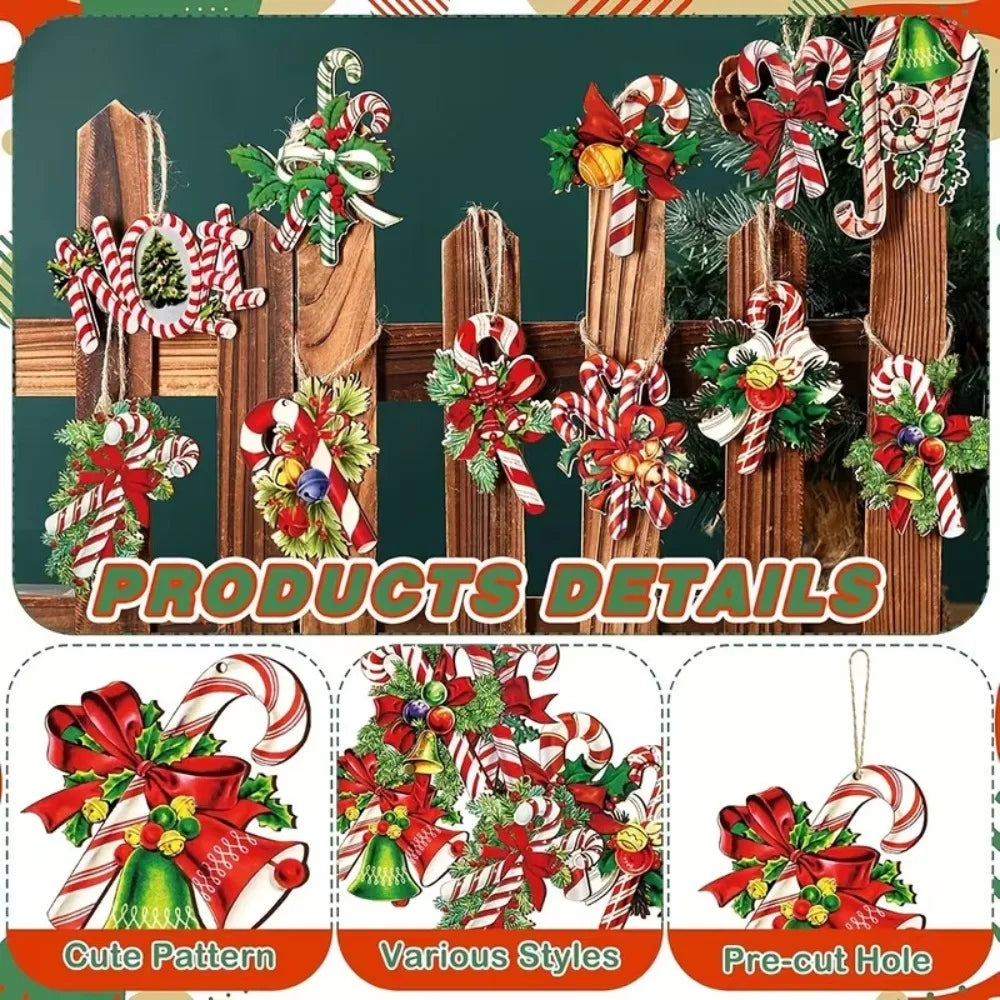 12 Pcs Wooden Christmas Tree Ornaments Cute Candy Cane Bow Bells Hanging Pendants Fun Xmas Holiday Decorations Accessories