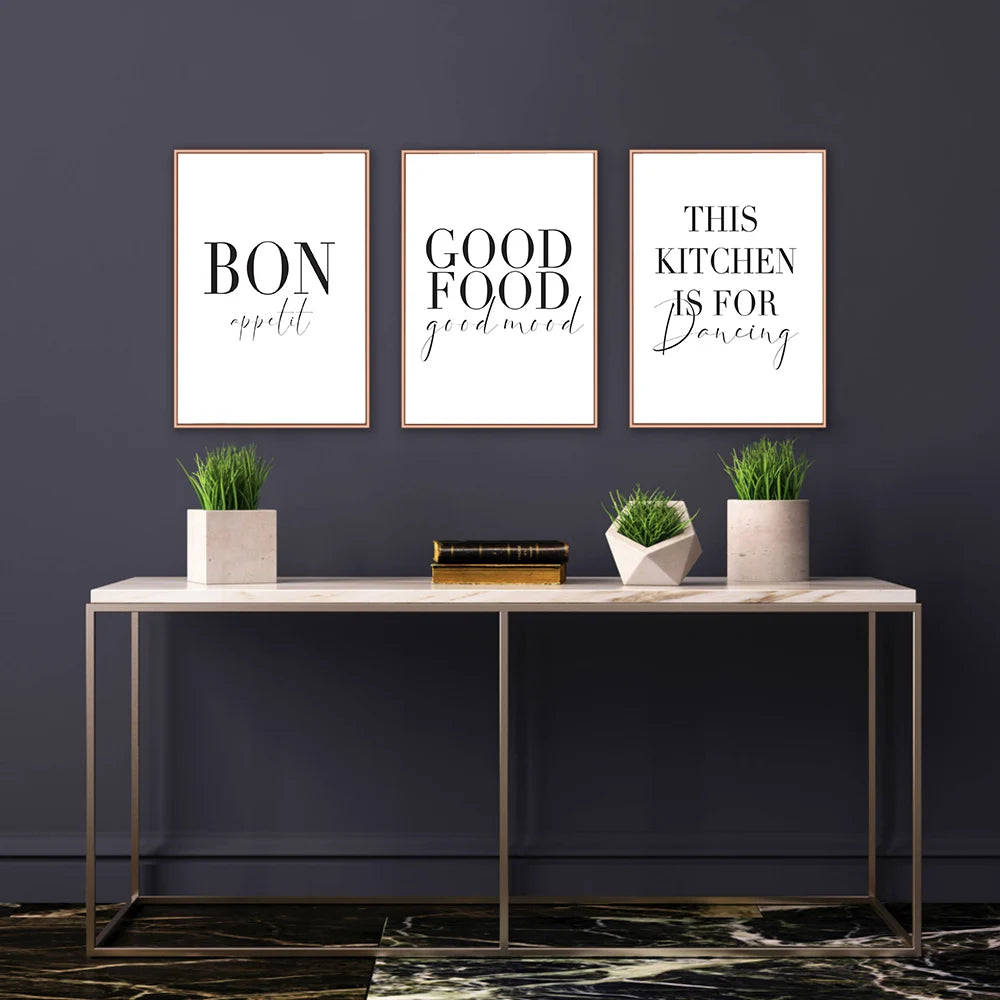 Minimalist Good Food Good Mood Bon Appetit Quotes Canvas Painting Black White Posters Wall Art Pictures For Kitchen Home Decor