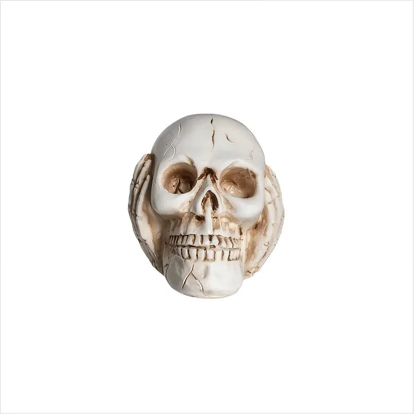 Resin skull figurine, replicating the classic poses of covering the mouth, ears, and eyes, perfect for Halloween decorations