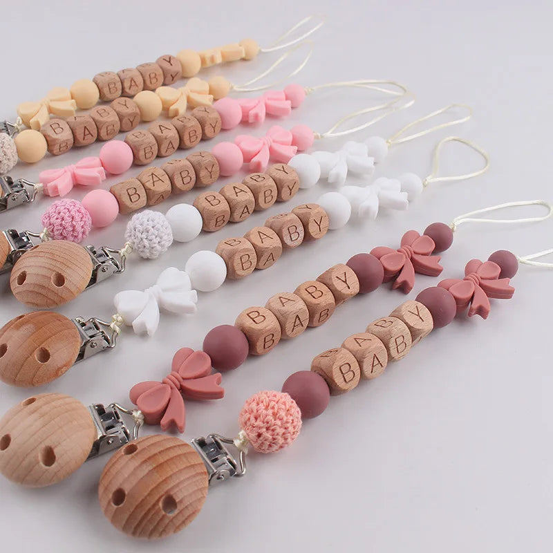 Customizable Name Baby Pacifier Chain Food Grade Bowtie Silicone