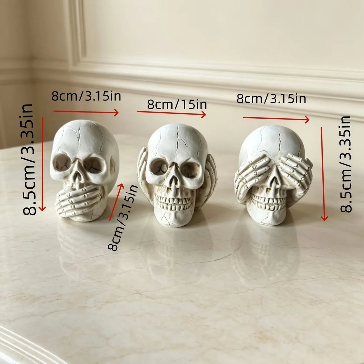 Resin skull figurine, replicating the classic poses of covering the mouth, ears, and eyes, perfect for Halloween decorations