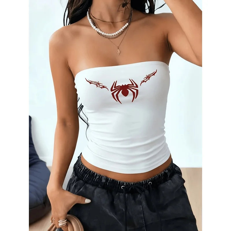 American Retro Spider Print White Strapless Women's Elastic