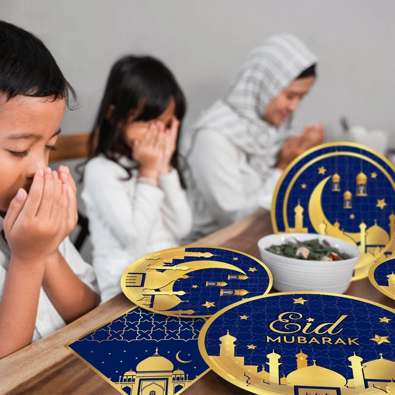 Blue Gold Eid Mubarak Ramadan Moon Festival Muslim Party Disposable Tableware Cups Plates Napkins Baby Shower Party Decorations