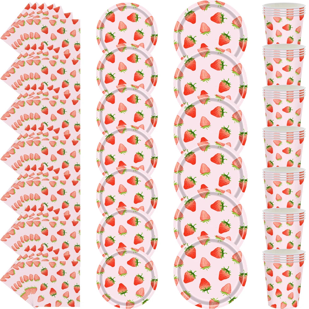 Strawberry Sets Birthday Decoration Party Disposable Paper Napkins Cups Plates Tablecloths Party Supplies
