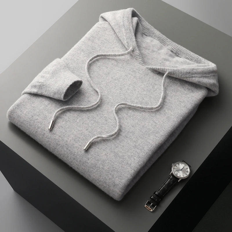 MVLYFLRT Men's 100% Merino Wool Sweater Hooded Collar Knitted Pullover Sweatshirt Autumn Winter Casual Large Tops Long Sleeved