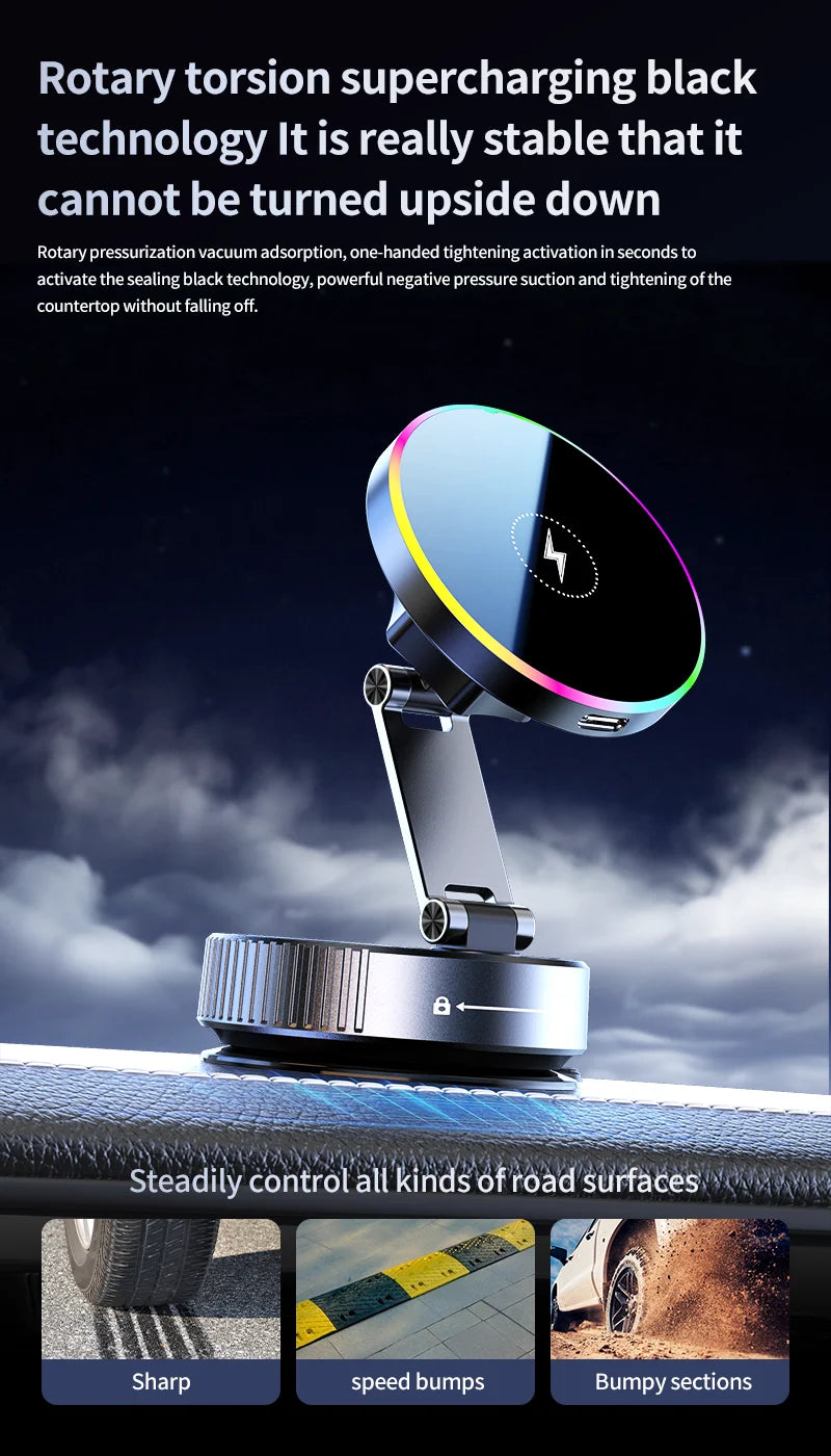 Cooling Magnetic Car Wireless Charger Car Phone Holder Mount Fast Charging for iPhone 15 14 13 Pro Suction Cup Vacuum Foldable