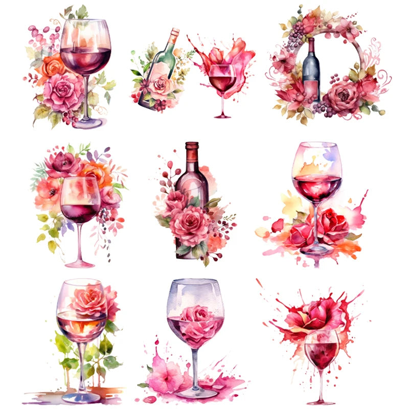 Interesting watercolor wine Glass flower Heat Transfer On Children's clothing dtf transfers ready to press iron on heat transfer