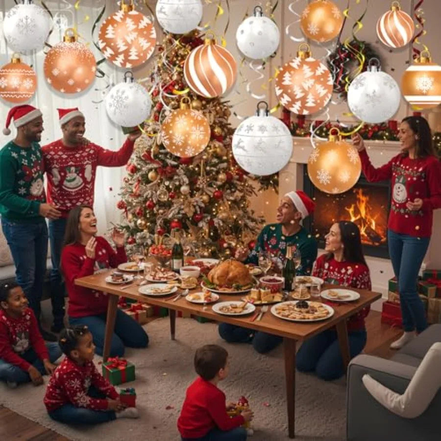 Christmas hanging decorations set for holiday, baby shower, winter party: foil swirls, ball ornaments, ceiling decor in white g