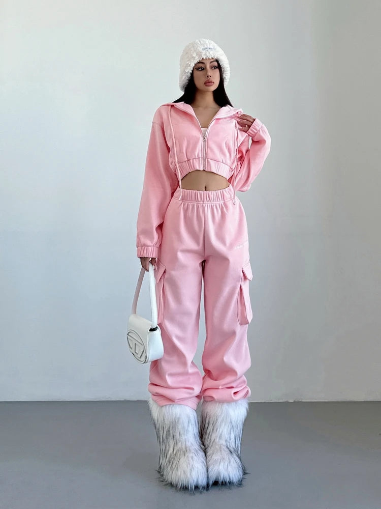 WOMENGAGA Short Zipper Sweatshirt Large Pocket Wide Leg Pants Two Piece Casual Plush Set For Winter Women Fashion Sweet 2PTB