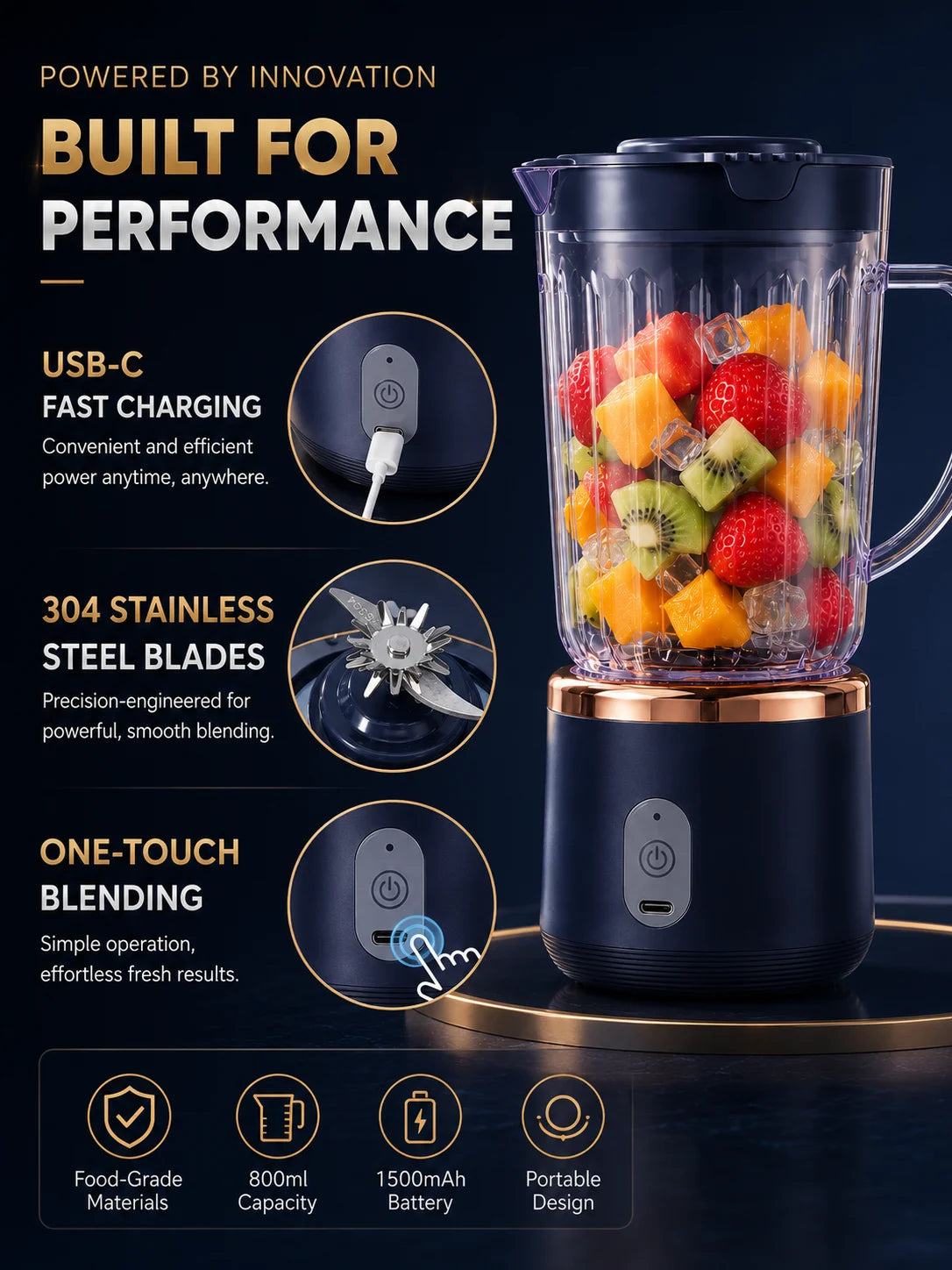 Food Grade 800ml Wireless Blender 1500mAh Battery 6 Blade Fruit Juicer Cup 30W Portable Smoothie Mixer For Shakes Drinks