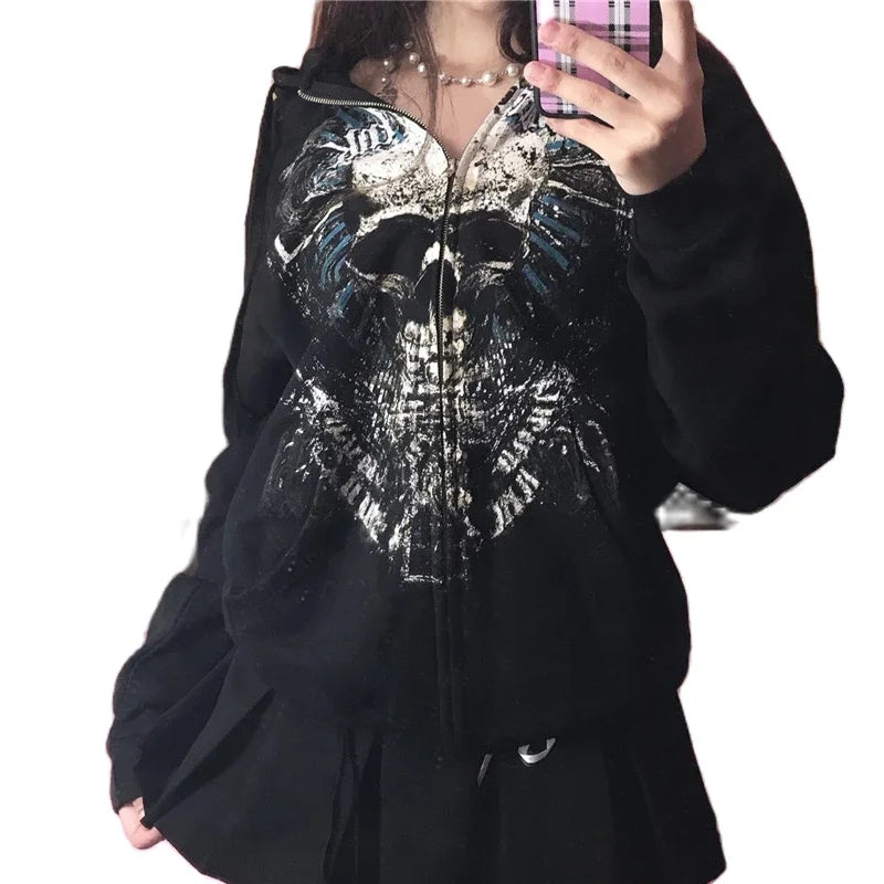 Mens Black Zip Hoodie Skull Print Dark Style Cotton Streetwear Jacket Casual Long Sleeve Pullover Hooded Sweatshirt Graphic
