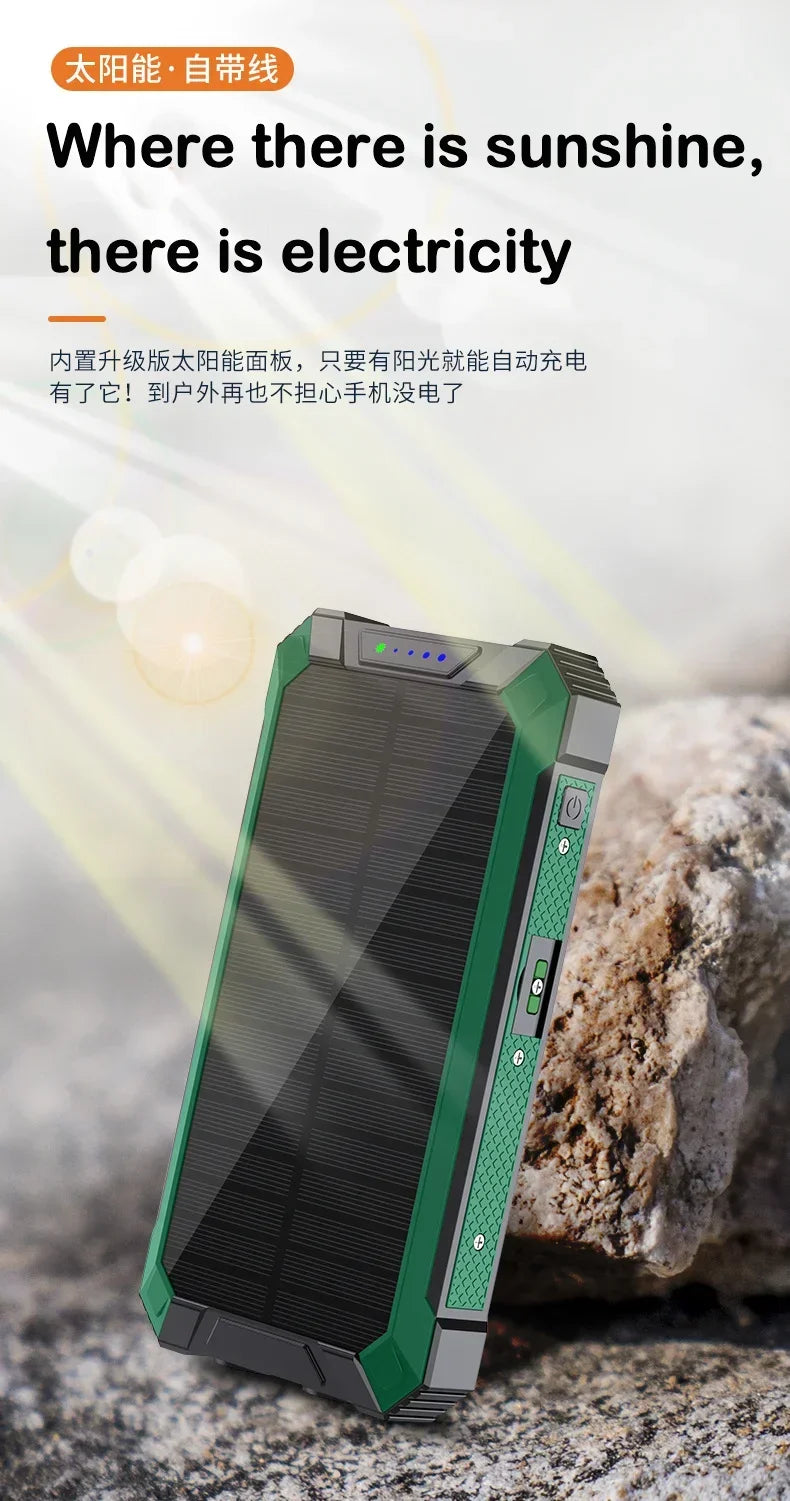 New Solar Power Bank 20000mAh Mobile Power Fast Charging Battery multifunctional With 4 Cables Wireless Charger LED Flashlight