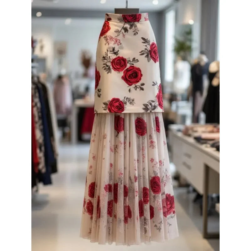 New Summer Fashion Rose Printed Skrit Women High Waist Slim Mesh Patchwork Pleated Bodycon Long Skirts Elegant Party