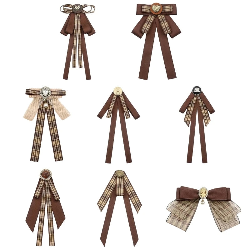 Ribbon Bowtie Brooch Pin Student Uniform Pre Tied Necktie Clip Vintage Brown Plaids Bowknot Corsage Shirt Jabot Collar