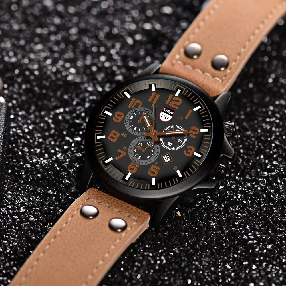 Fashion Men's Watches Casual Leather Band Quartz Watch Male