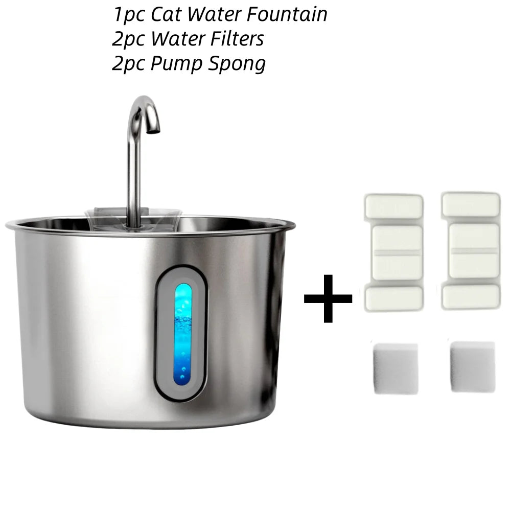 OYES 2.2L round Automatic Cat Water Fountain Stainless Steel Pet Water Feeder with Window for Dogs And Cats Pet Supplies