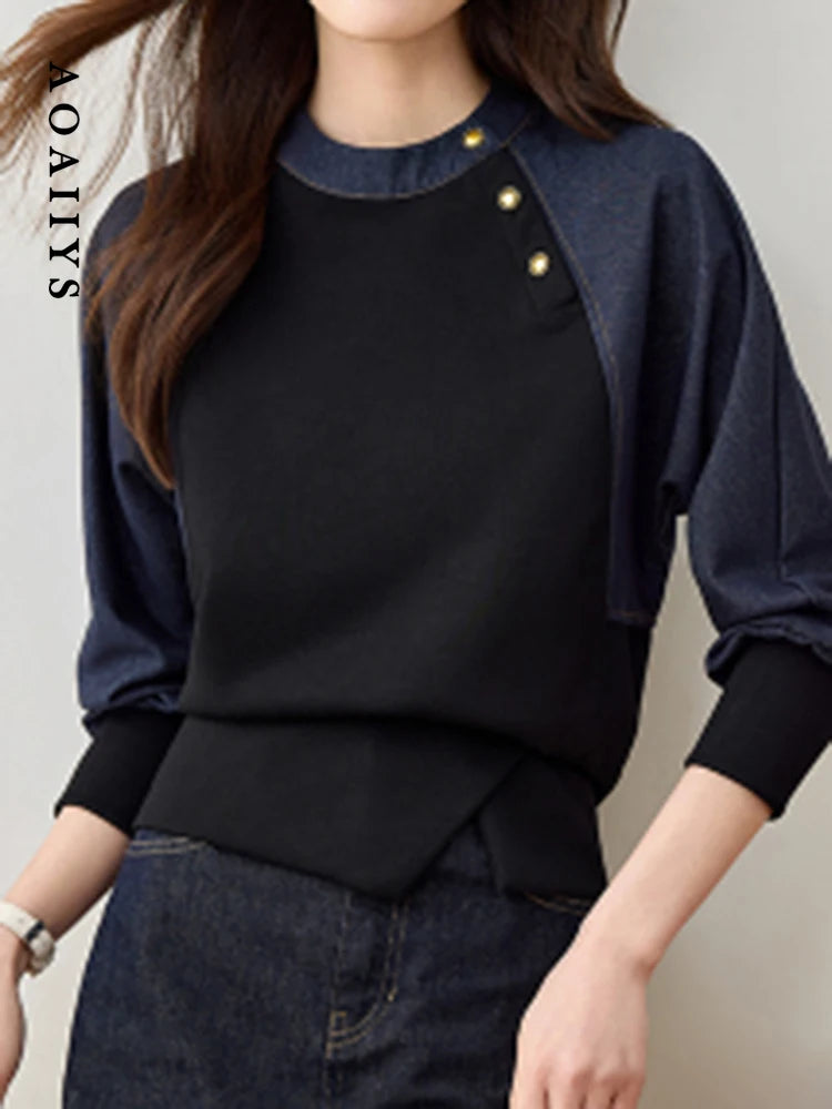 Aoaiiys Hoodies Women O Neck Button Decor Sweatshirt Contrast Color Spliced Pullovers Spring Autumn Vintage Casual Sweatshirts