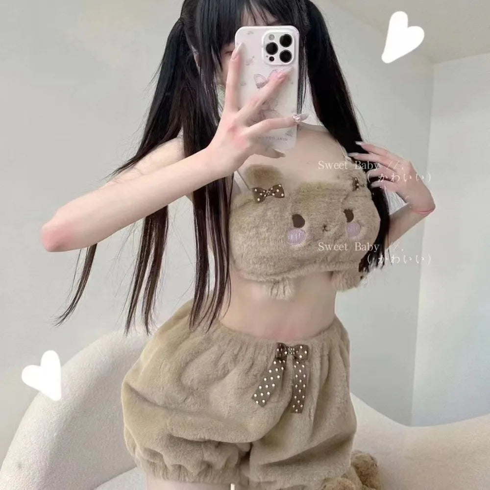 New cartoon Kuromi My Melody Cinnamoroll Sexy Pajamas Hot Girls Flannel Cartoon Fluffy Suspender Pajamas Shorts Set Girls Gift