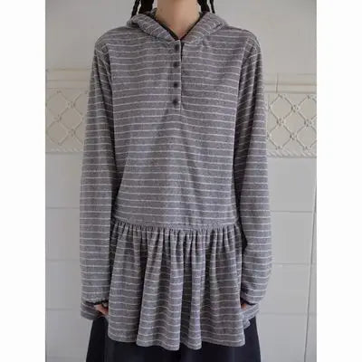 Onalippa Girl Style Hooded Sweatshirt Spring Autumn New College Women Clothing Gray White Striped Long Sleeved T-shirt Base
